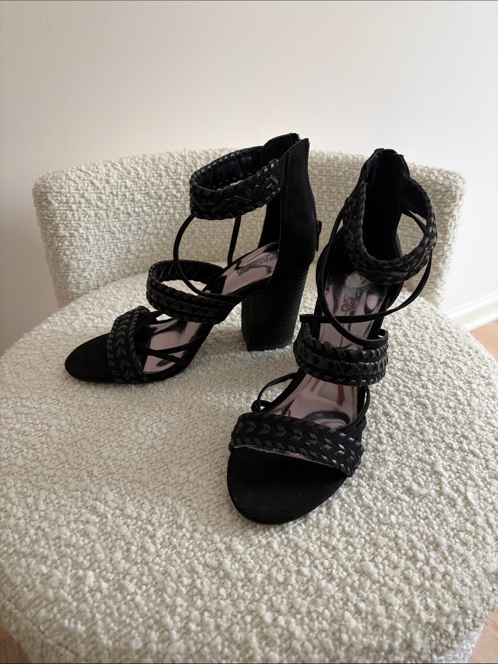 Strappy Braided Black Block Heel Sandals
